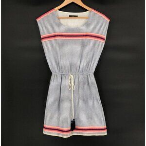 THML Women's Striped Embroidered Mini Beach Dress Size S Coastal Summer Tassels